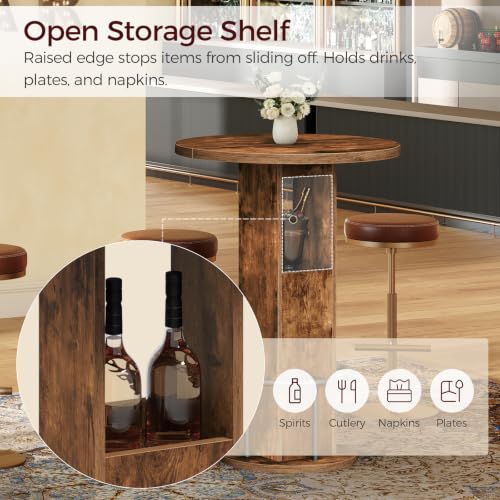 Rustic Brown Round Bar Table - 35.6" H Bistro Pub Table with Footrest