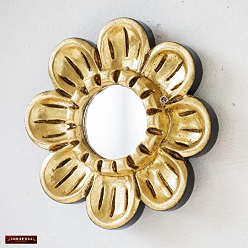 Peruvian Gilded Bronze Leaf Round Mirror 6¡±- Luxury Hand-Carved Wood Flower Wall Art - Small Space Art
