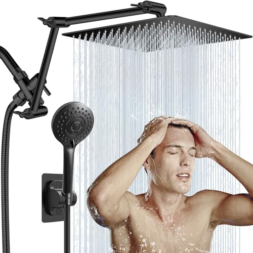 Black Rain Shower Head with Handheld Spray & 16-Inch Extension Arm