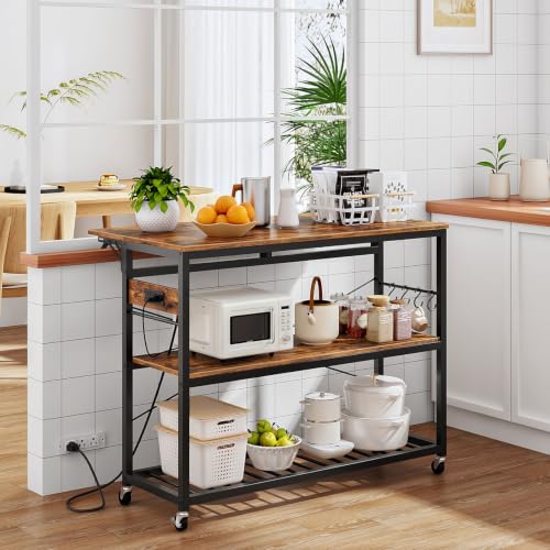 Kitchen Island with Power Outlet, Folding Top & Wine Rack, Movable, Rustic Brown