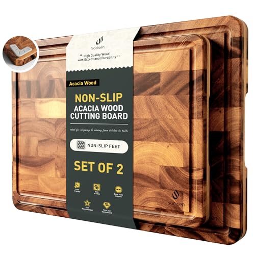 Set of 2 End Grain Acacia Wood Cutting Boards with Non-Slip Feet | Durable Kitchen Prep