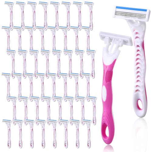 48 Women's Disposable Razor Blades Bulk - 3 Blade Safety Razors for Face & Body - Pink & White - Variation of THIS listing