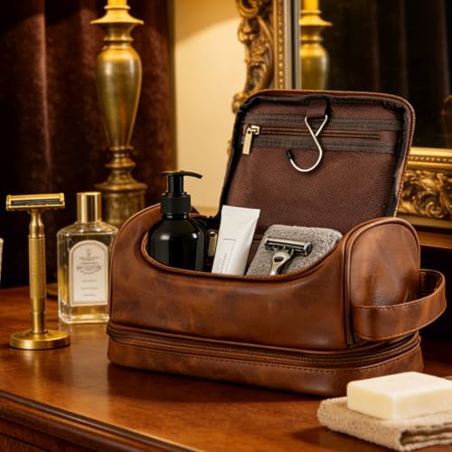 Travel Toiletry Bag for Men - Personalized Initials Leather Organizer, Light Brown D