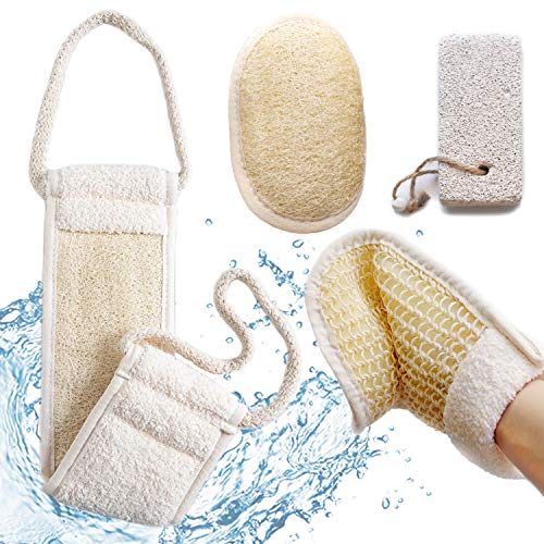 Coimoon Set (Made in Europe)- Exfoliating Organic Loofah Face Pads And Shower Sponge with Natural Pumice Stone, Loofa, Puff Sponge Scrubber Body For Men and Women (4 Piece Set, Natural)