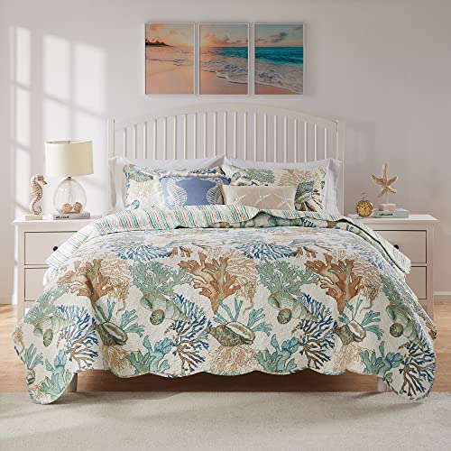 Greenland Home Atlantis Coastal Sea Coral Reversible Quilt Set - Jade, 3-Piece Full/Queen