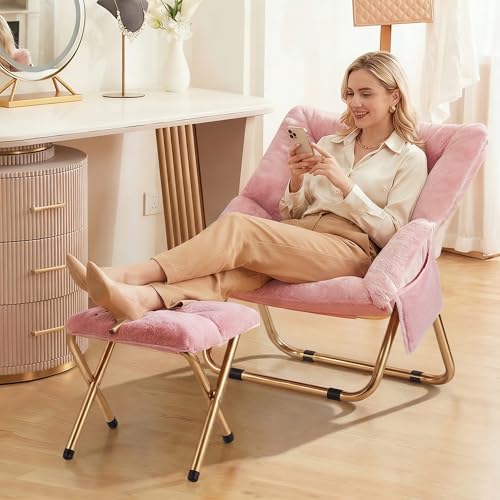 Foldable Faux Fur Lounge Chair - Pink Comfy Saucer Chair for Living Room & Bedroom
