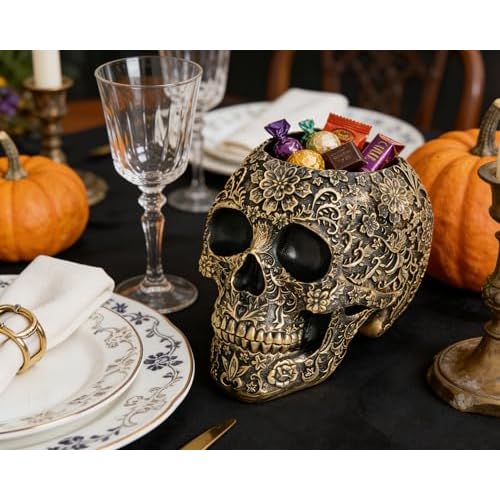 Skull Bowl Decorative Skull Vase Makeup Brush Pen Holder Organizer Dresser Gothic Table Organizer Decoration, Antique Gold Skull Pot Enthusiasts Gifts