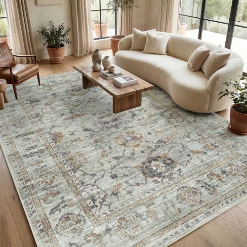 Washable 6x9 Area Rug - Sage Green Gold Gray Vintage Boho Floral (Green/Gold/Multi) by Sparkle Gaze