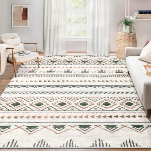 Large Washable 6x9 Boho Moroccan Area Rug with Geometric Pattern - Brown & Green, Non-Slip, Foldable for Living Room & Home