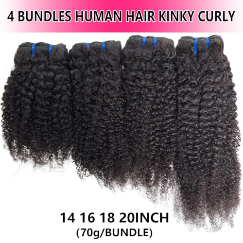 Kinky Curly Human Hair Extensions 14 16 18 20 Inch - Unprocessed Brazilian Virgin Hair Bundles for Black Women - Natural Black Color