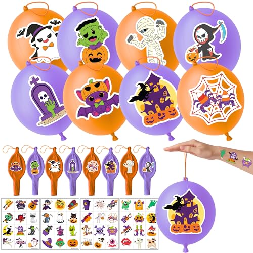 72 PCS Halloween Party Favors ? 48 Pre-Cut Temporary Tattoos & 24 Halloween Punch Balloons Trick or Treat Themed Birthday Party Decorations Supplies Favors Gifts, Goodie Bag Fillers, Classroom Rewards