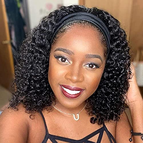 Headband Wig Deep Wave 12 Inch Natural Color, 100% Brazilian Virgin Human Hair, Glueless Non-Lace Deep Curly Wigs, Aiterina