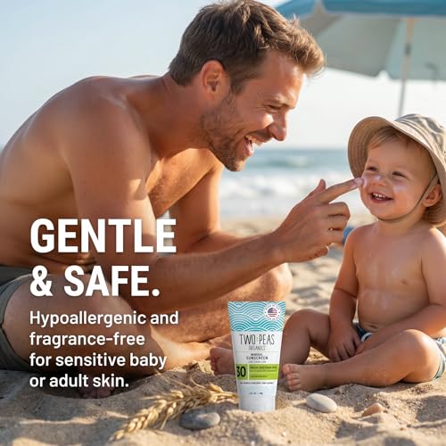 Two Peas Organics Mineral Sunscreen SPF 30 Lotion Twin Pack - Unscented, Water-Resistant 80 Min, Non-Nano Zinc, Baby & Family Safe, Organic & Reef Safe - 3 oz