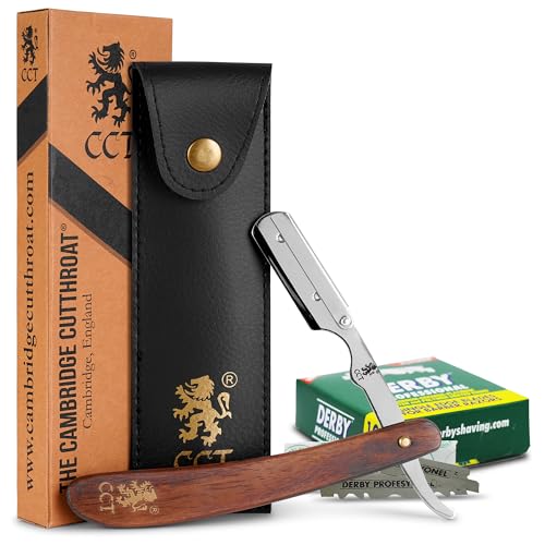 The Cambridge Cutthroat¢ç Cut Throat Razor Kit with Blades & Travel Pouch - Missanda Hardwood & Stainless Steel Professional Barber Shaver Men - Straight Edge Moustache & Beard Shaper
