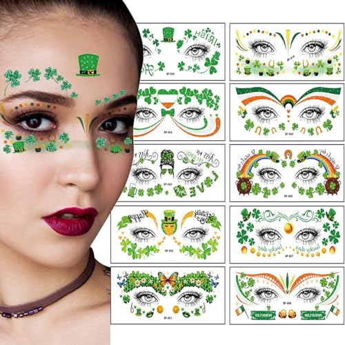 St. Patrick's Day Temporary Tattoos - Shamrock Face Stickers - Green Clover Body Tattoos - Self Adhesive Party Makeup - Festival & Holiday Party Supplies - 10pcs