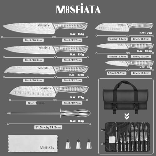 MOSFiATA 12-Piece Kitchen Knife Set with Sharpener & Oxford Cloth Roll Bag - Japanese Steel
