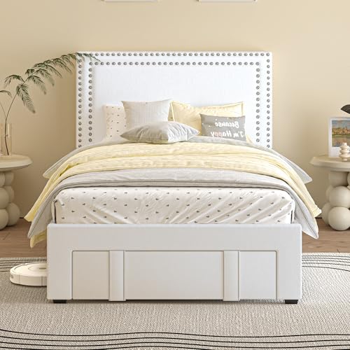 VECELO Twin Size Upholstered Storage Bed Frame with Adjustable Headboard - White