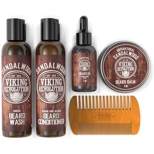 Viking Revolution Ultimate Conditioner for Men's Beard Grooming - Softens, Smoothes and Soothes Beard Itch- Contains Wash, Conditioner, Oil, Balm and Comb- Sandalwood Scent