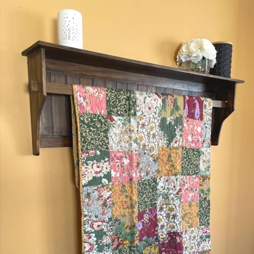 Wall Mounted Quilt Rack with Shelf - Solid Pine Wood Blanket Holder Brown - Rustic Farmhouse Decor