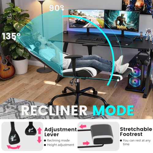 White Ergonomic Gaming Chair with Recline & Footrest - BestOffice