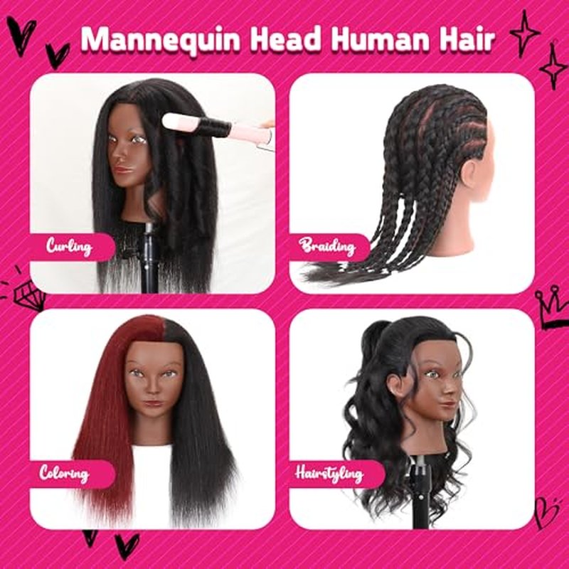 Mannequin Head with Human Hair 16" Cosmetology Manikin Doll Head 100% Real Human Hair for Styling Hairdresser Practice Braiding with Tripod Set