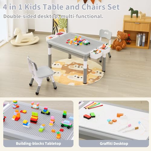 Kids 4-in-1 Table and 2 Chairs Set with Storage & Reversible Surface - Light Gray