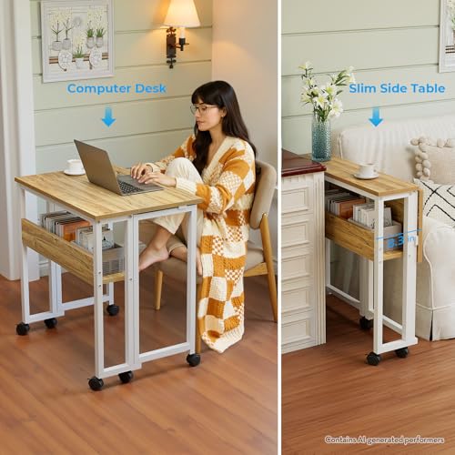 GreenForest 31.5-Inch Oak Folding Rolling Desk with Locking Wheels, Space-Saving Design