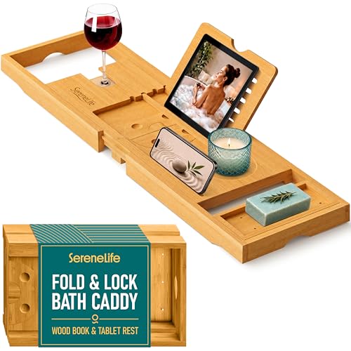 SereneLife Natural 2-in-1 Foldable Bamboo Bath and Bed Tray with Adjustable Length