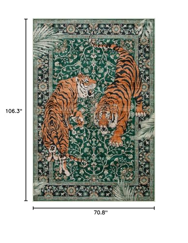 6' x 9' Green Tiger Area Rug - Boho Vintage Non-Slip Washable Floor Carpet