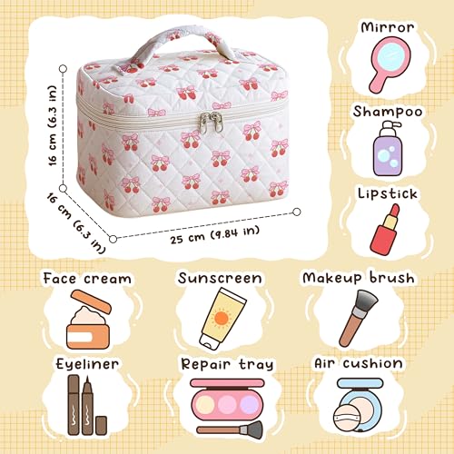 Quilted Makeup Bag Large Cosmetic Travel Case for Women Cherry Ribbon Pattern Vanity Soft Cotton Toiletry Organizer Skincare Brushes Accessories Storage
