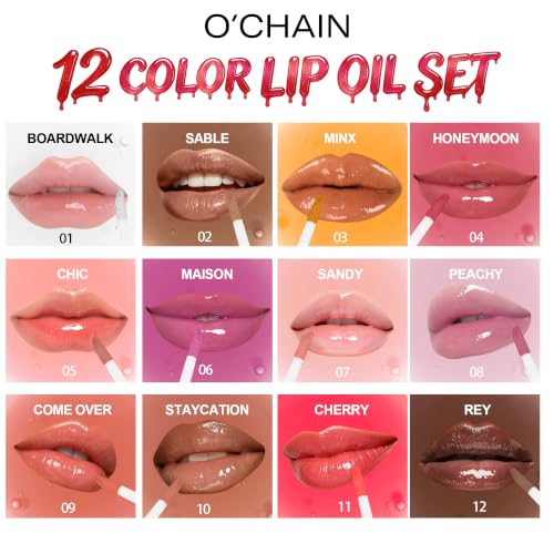 12-Color Lip Oil Set - Nourishing & Hydrating Gloss with Vitamin E & Jojoba