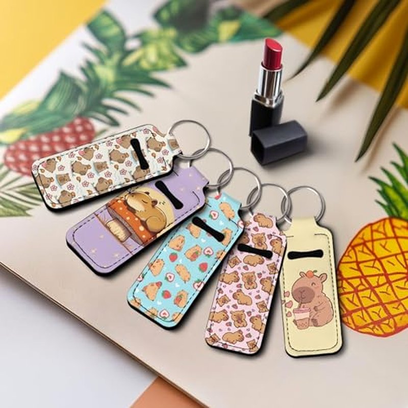 Capybara 5 Pieces Lipstick Keychain Holder Lip Balm Holder Keychain Chapstick Lip Gloss Holder Cute Lipstick Pocket Lip Balm Sleeve Keyring Travel Accessories