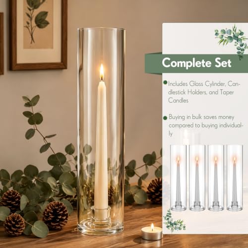 36 Pack 12-Inch Tall Glass Hurricane Candle Holders with Taper Candles for Decor