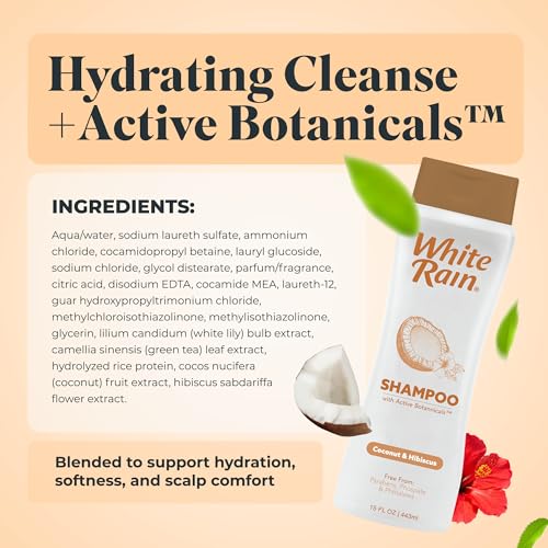 White Rain Moisturizing Shampoo - Coconut & Hibiscus Scent, Pack of 2 (15 fl oz Each), Hydrating Shampoo for Women & Men, Paraben-Free & Cruelty-Free with White Lily, Green Tea & Coconut Extract