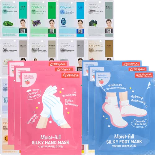 DERMAL 16 Combo Pack A Collagen Essence Full Face Facial Mask Sheet + Moistfull Silky Foot Socks & Hand Gloves Mask Combo 6 Pack