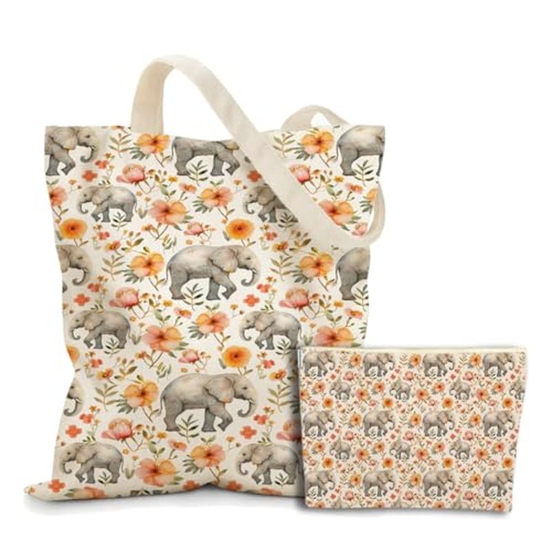 Cute Elephant Gifts Elephant Stuff Merch,2pcs Cosmetic Bag Canvas Tote Bag for Women Set, Shopping Beach Grocery Canvas Tote, Birthday Christmas Friendship Gifts for Women Animal Lovers Girls Sister