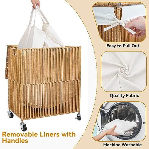 115L Rolling Laundry Basket with Wheels and Lid - Handwoven Double Compartment Hamper