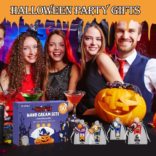 VESPRO 50 Sets Halloween Hand Cream Gift for Women, Hand Lotion for Halloween Party Favors with Halloween Cards and Organza Bags, Halloween Decorations and Bulk Halloween Gifts for Women