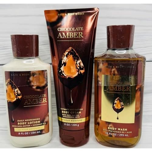 Bath & Body Works Body Chocolate Amber Gel Wash, Body Lotion and Ultimate Hydration Body Cream 3 Piece Set