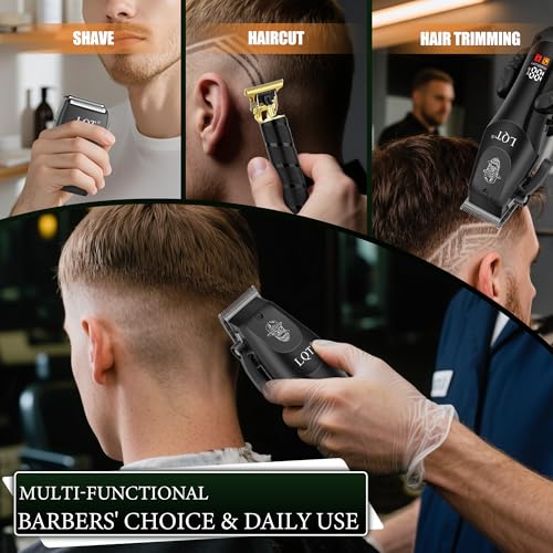 Men's Professional Hair Clippers & Beard Trimmer Set B3 - Ceramic T-Blade, LCD Display, Cordless