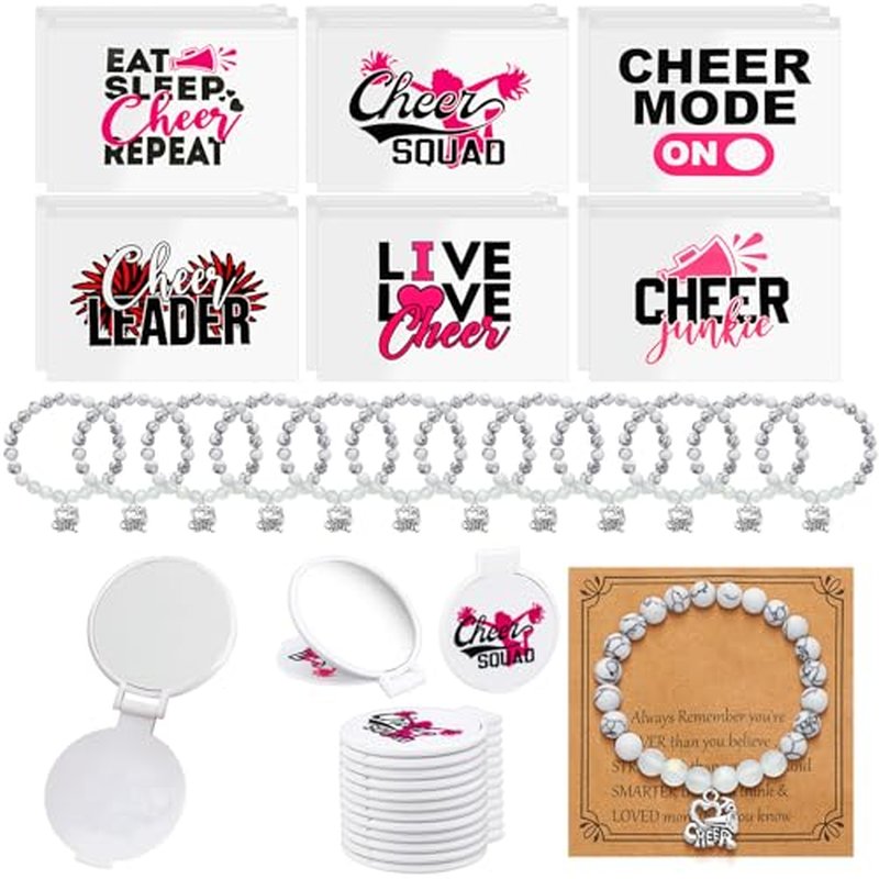 36 Pcs Cheerleader Gifts Set Including Portable Zipper Cheer Makeup Bag, Compact Mirror, Cheer Bracelet - Party Favors for Women Cheerleading Team