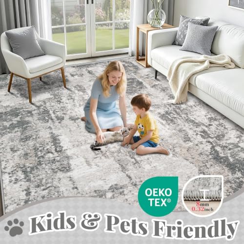 Aoyaomi 8x10 Grey Abstract Washable Area Rug for Living Room & Bedroom