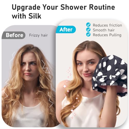 LitBear Silk Lined Waterproof Shower Cap for Women - Black Dots