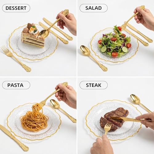 N9R 300PCS Gold Plastic Silverware Set - Vintage Disposable Utensils for Parties