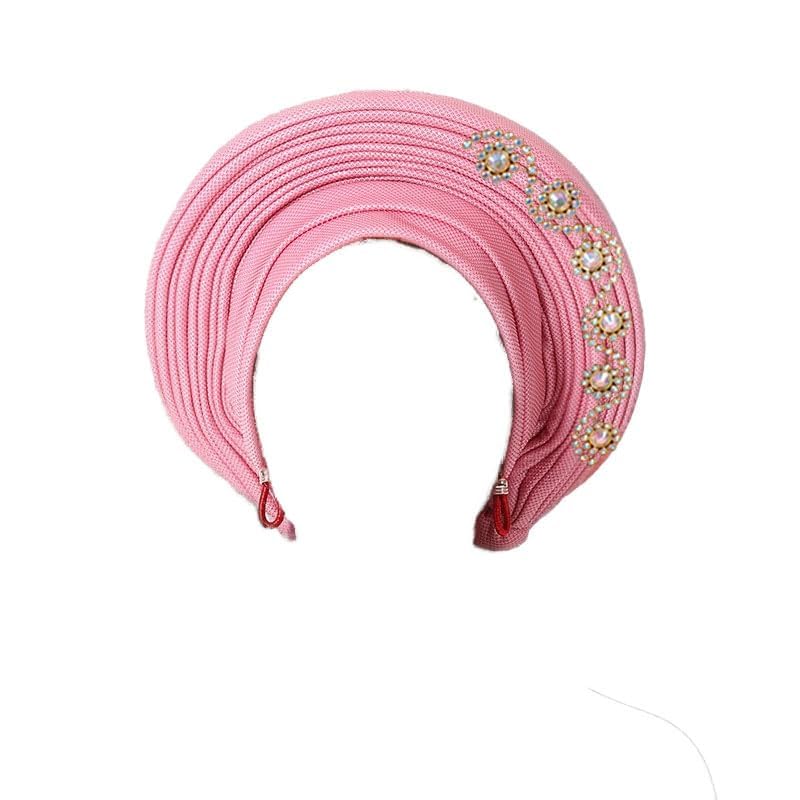 Pink Nigerian Headtie with Stones - Traditional African Turban Head Wrap for Women Party