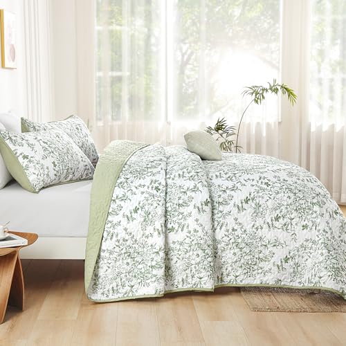 California King Quilt Set - Sage Green Botanical Lightweight Bedspread with Pillowcases - Reversible, 3 Pieces