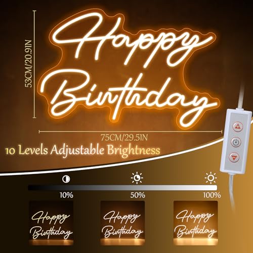 Happy Birthday Neon Sign LED Light - Dimmable Warm White 30x21 Inches - Perfect for Parties & Decor
