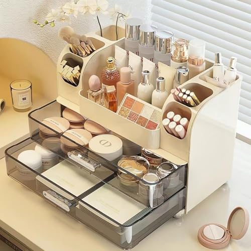 Cream Large Makeup Organizer with Drawers & Brush Slots - Vanity Storage