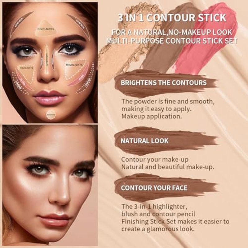 3Pcs Cream Contour Sticks Kit, Highlighter Stick Blush Stick Cream Contour Kit Makeup Set with Brush,Face Brightens & Shades Contour Stick Waterproof for Women