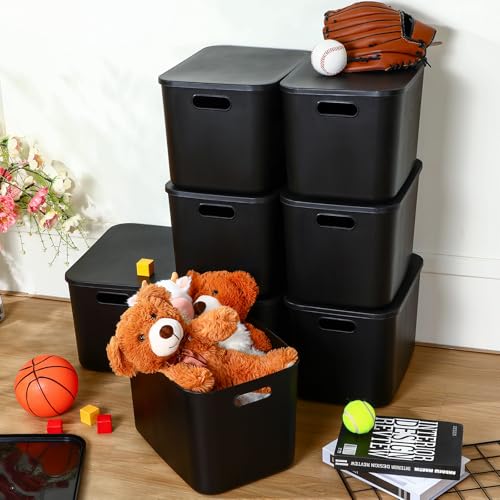 Storage Bins with Lids - 8 Pieces, 14.2 x 10.2 x 9.5 Inch Black Plastic Organizer